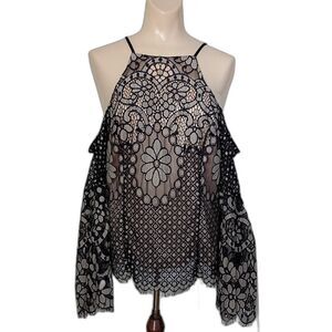 Venus Whimsigoth Bell Sleeve Halter Blouse Cold Shoulder Floral Lace 8